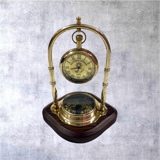 

Brass Desk Clock with Compass on Wooden Base Nautical Maritime Office Decor Steampunk Explorer Table Oranamet Table Clock