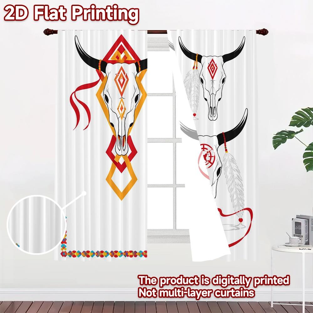 2D FLAT PRINTING 2pcs Curtains (Without Rod) Colorful Bull Skulls Modern Curtain Fabric Polyester Curtains Versatile All Ldeal