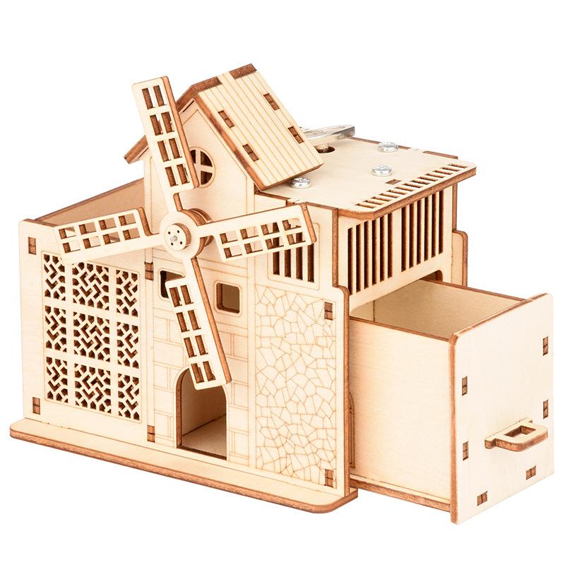 Children's Creative DIY Model Wooden Puzzle 3D Puzzle Board Big Windmill Clockwork Sound Pen Holder, Music Box 117mm * 117mm * 75mm