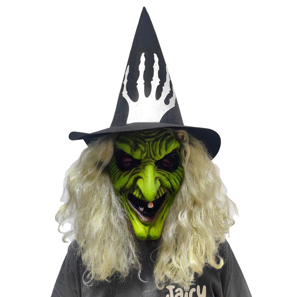 

Green Face Witch Mask With Hat Cosplay Sorceress Old Nana Grandma Latex Masks Halloween Carnival Dress Up Party Costume Props