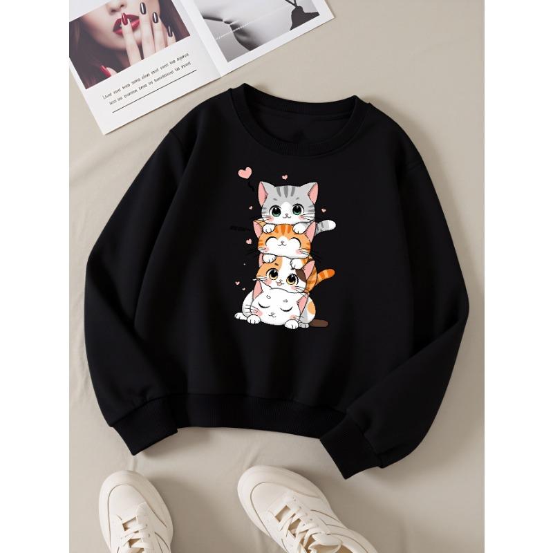European sizes Girls' Long-Sleeve Round Neck Sweatshirt "Cute Cat Stack" Print, Spring/Autumn, Casual, Daily & Sports.