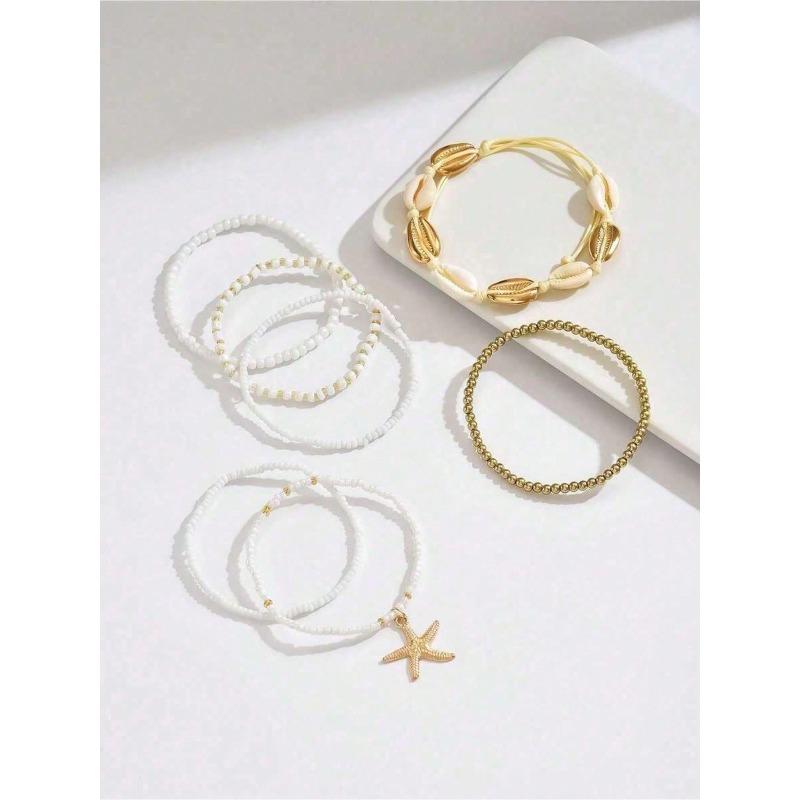 7pcs Boho Style Seed Bead Shell Starfish Decor Anklet Set For Women Girls Beach Summer Vacation Party Wear Accessories