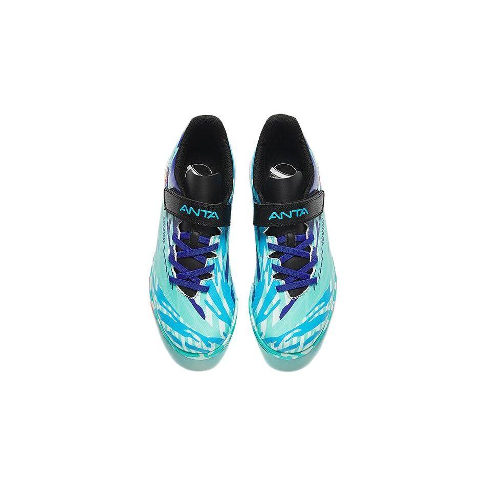 Anta Kids Round Toe Velcro Shock Absorbing Wear Resistant Low Top Soccer Shoes Kids Soccer Shoes Green Blue Black 312342201-1