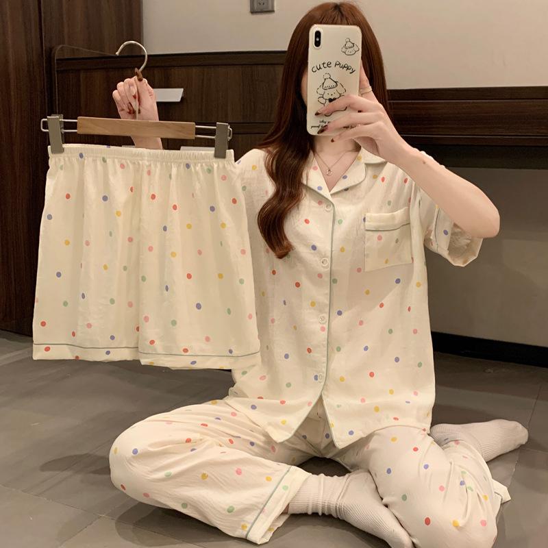 Cream Wind Color Polka Dots Spring And Summer Pajamas Women'S Short-Sleeved Three-Piece Set Simple Loungewear Cloud Cotton Set