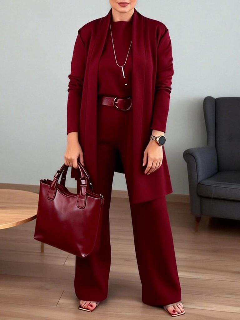Ensemble trois pièces unicolore pour femme Printemps/Automne 2026: Haut à col rond, Manches courtes, Pantalon long, Manteau de longueur moyenne