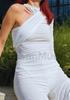Elegancki Biały Kombinezon Sukienka na Jedno Ramię - Strój Wieczorowy na Imprezę z Długim Rękawem dla Kobiet