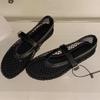 Shallow Mouth Net Cloth Single Shoes Summer New Round Head Metal Buckle Line with Soft Sole Non-slip Flat Shoes