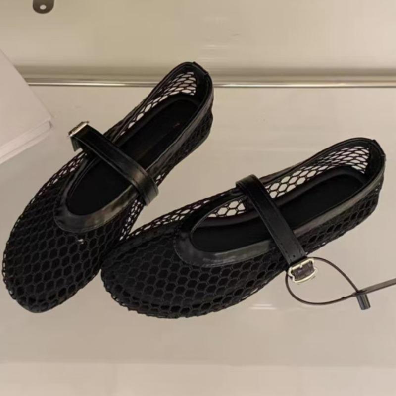 Shallow Mouth Net Cloth Single Shoes Summer New Round Head Metal Buckle Line with Soft Sole Non-slip Flat Shoes