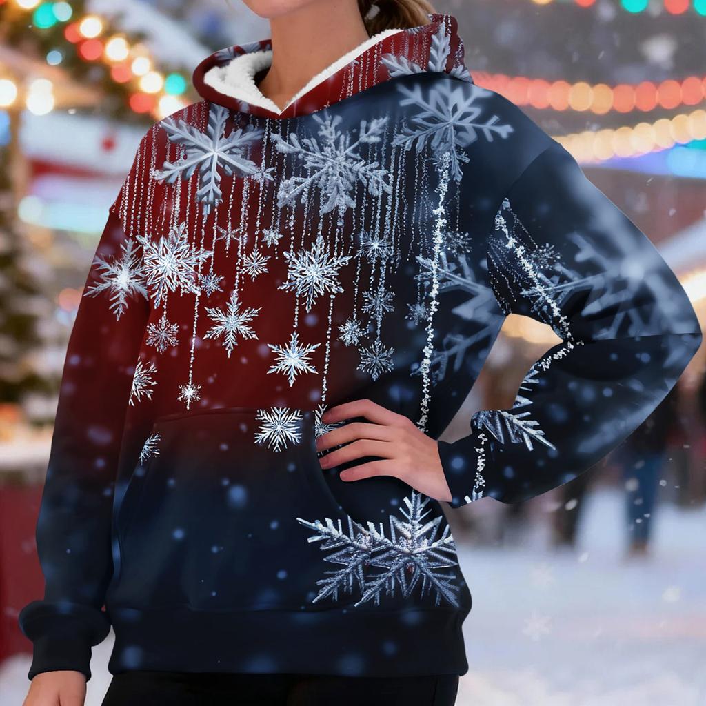 Women's Fashionable Casual Long-Sleeved Christmas Print Fleece-Lined Thick Hooded Sweatshirt