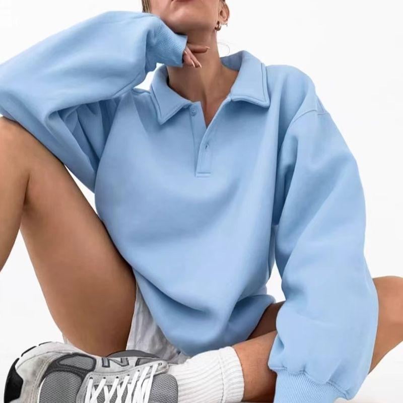 

Fashion Loose-Fitting Casual Pullover Polo Collar Design Blouse Solid Color Loose Casual Top Blue L
