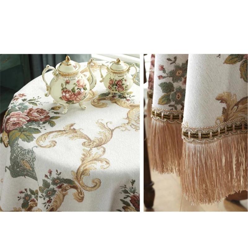 European Luxury Round Tablecloths Rose Jacquard Dining Table Cloth Tassels Retro Chenille Table Cover Wedding Party Events Home