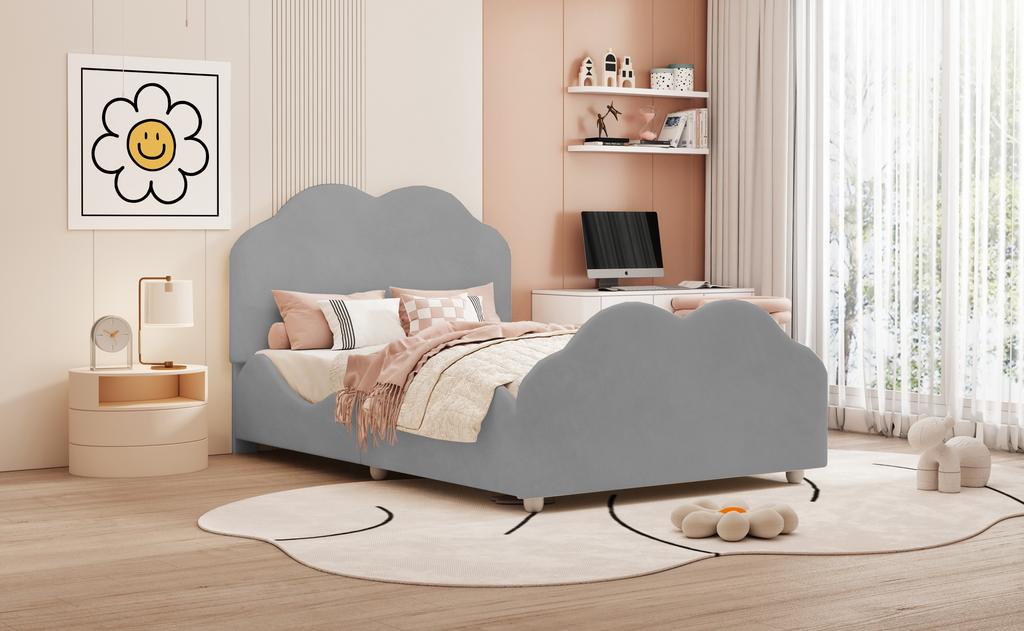 Upholstered Bed Kids Bed 90 x 200 cm High Railing Kids Bed Frame with Cloud-Shaped Headboard and Footboard. Single Bed in Skin-Friendly Velvet Grey