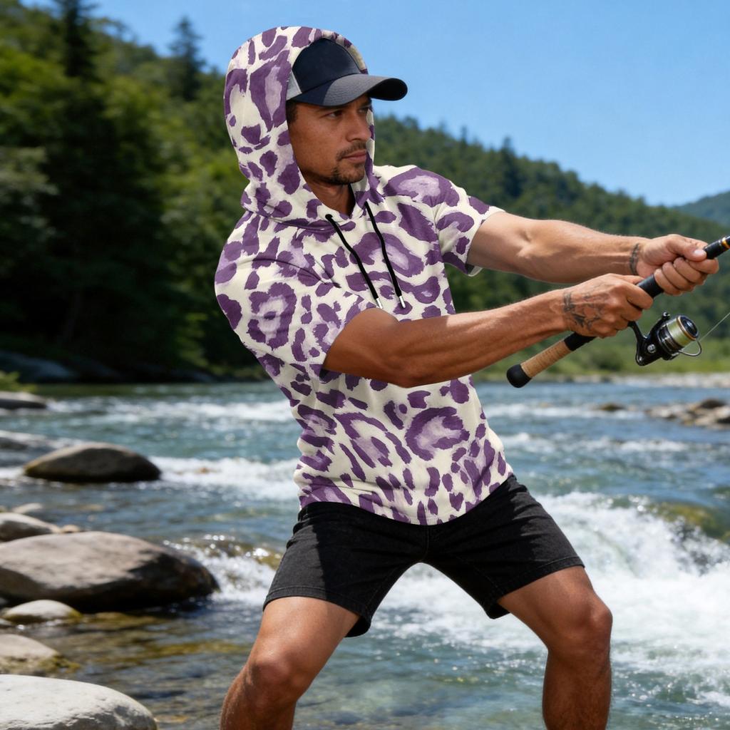 Men's Leopard Print Raglan Hoodie, Short Sleeve Casual Fishing Top, Breathable Outdoor Sports T-Shirt