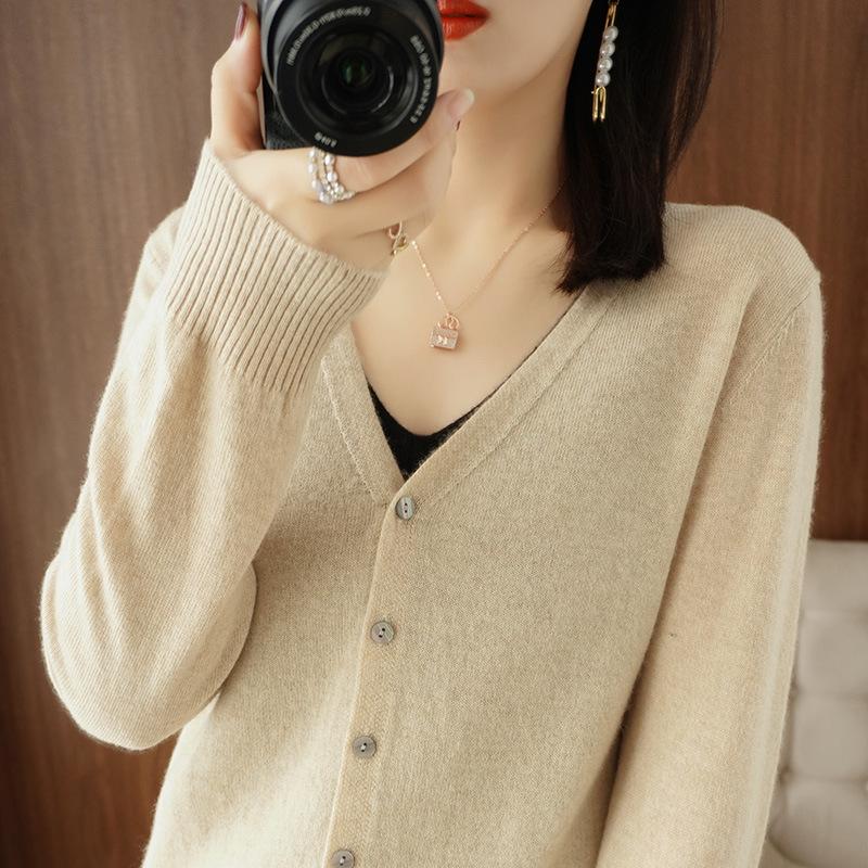 Suéteres de punto de lana de manga larga con cuello en V y estampado de colores sólidos para otoño e invierno para mujer