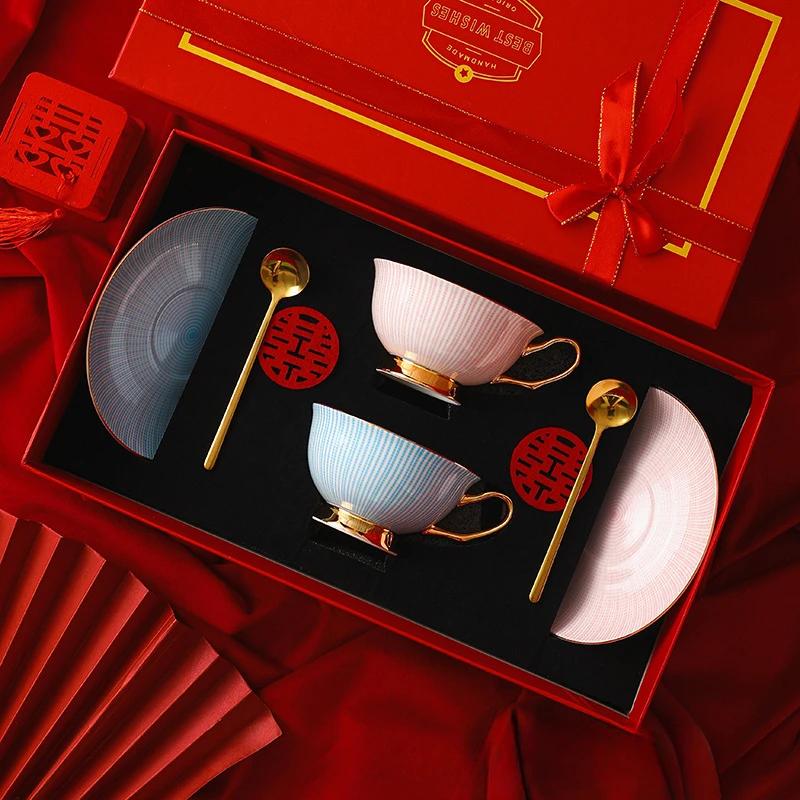 European Bone China Coffee Cup & Saucer Set, Elegant Tea Time Pair Cups, Dishwasher Safe Home Gift Box for Afternoon Tea Decor