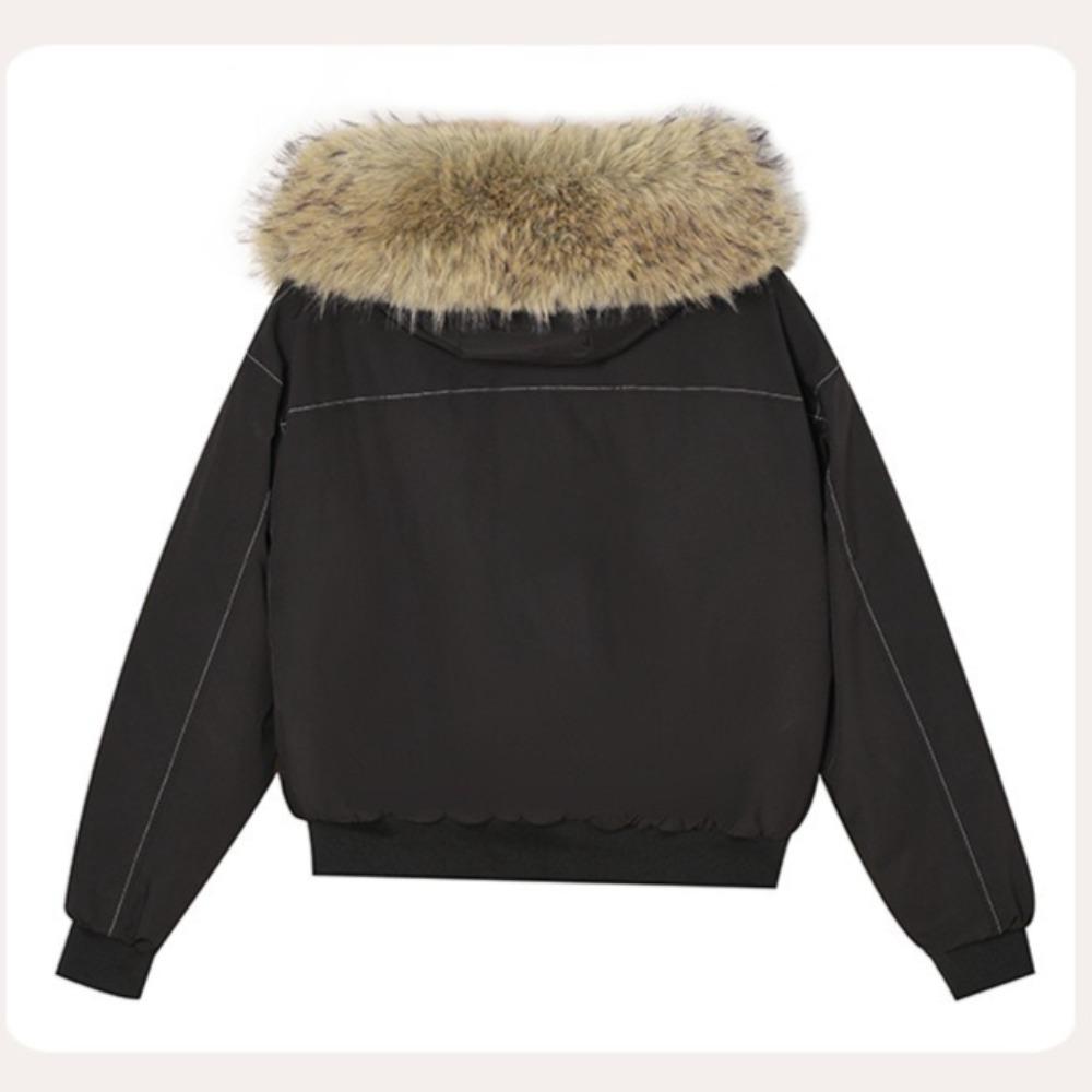 Women Short  Puffer Jacket Large Faux Fur Hood Collar Zip‑Up Stitched Detail Warm Winter Casual Outerwear