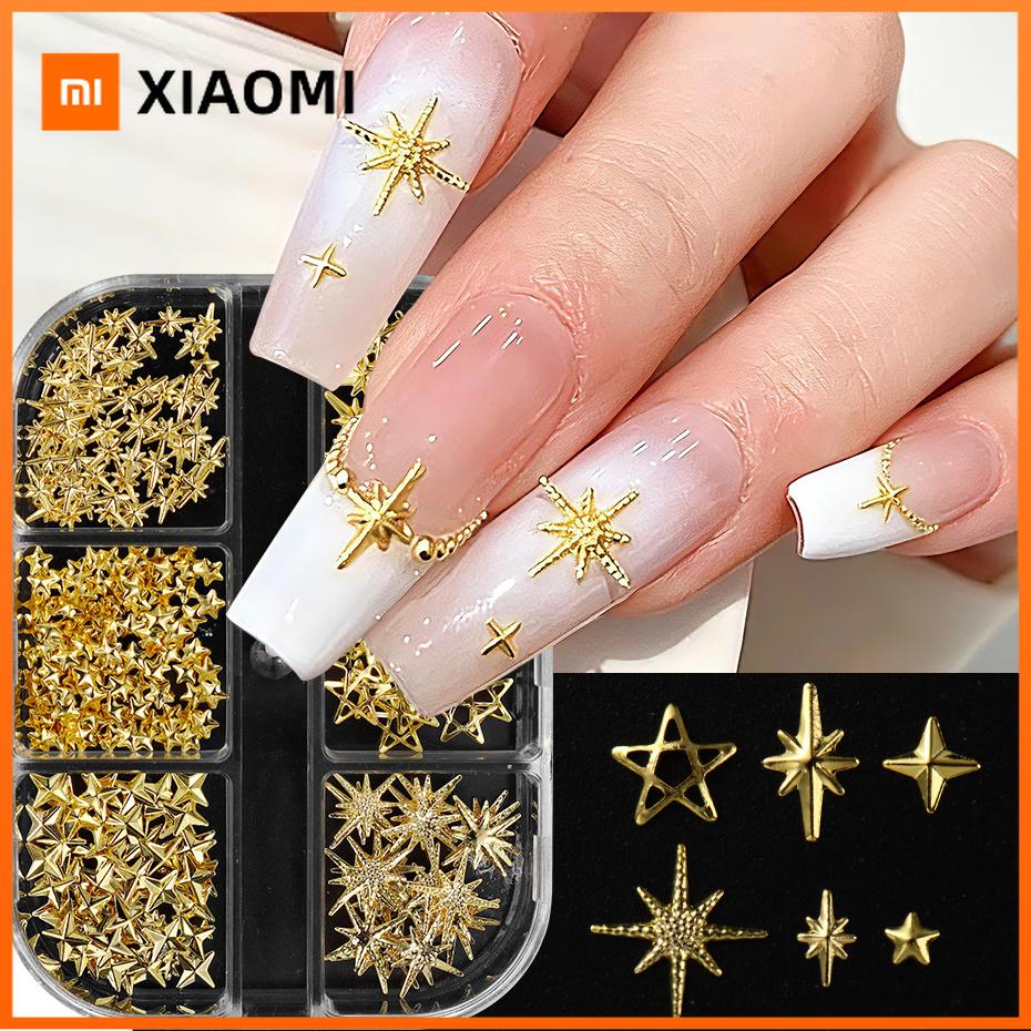 Xiaomi 6 Grids Golden Star Metal Nail Charms Cross Star Nail Metal Rivet Alloy Hollow Star 3D Nail Art Decorations Manicure Accessories