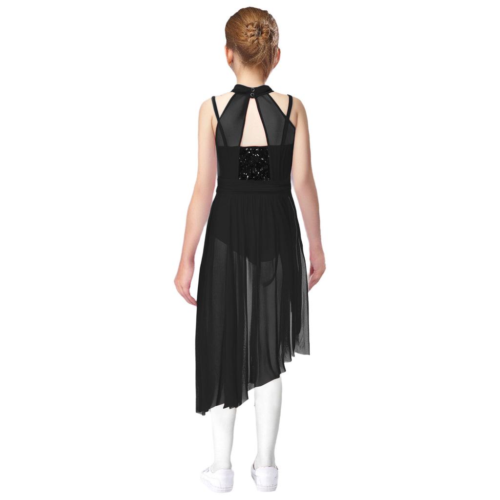 Girls Lyrical Performance Costume Shiny Sequins Sleeveless Asymmetrical Dance Dress with Sheer Mesh Skirt