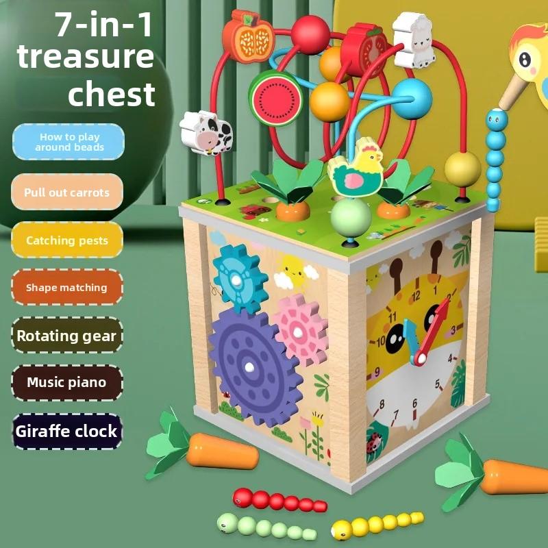 Montessori Wooden Multifunctional Bead Maze Cube - Preschool Toy for Babies & Kids, Developmental Toy with Xylophone & Clock
