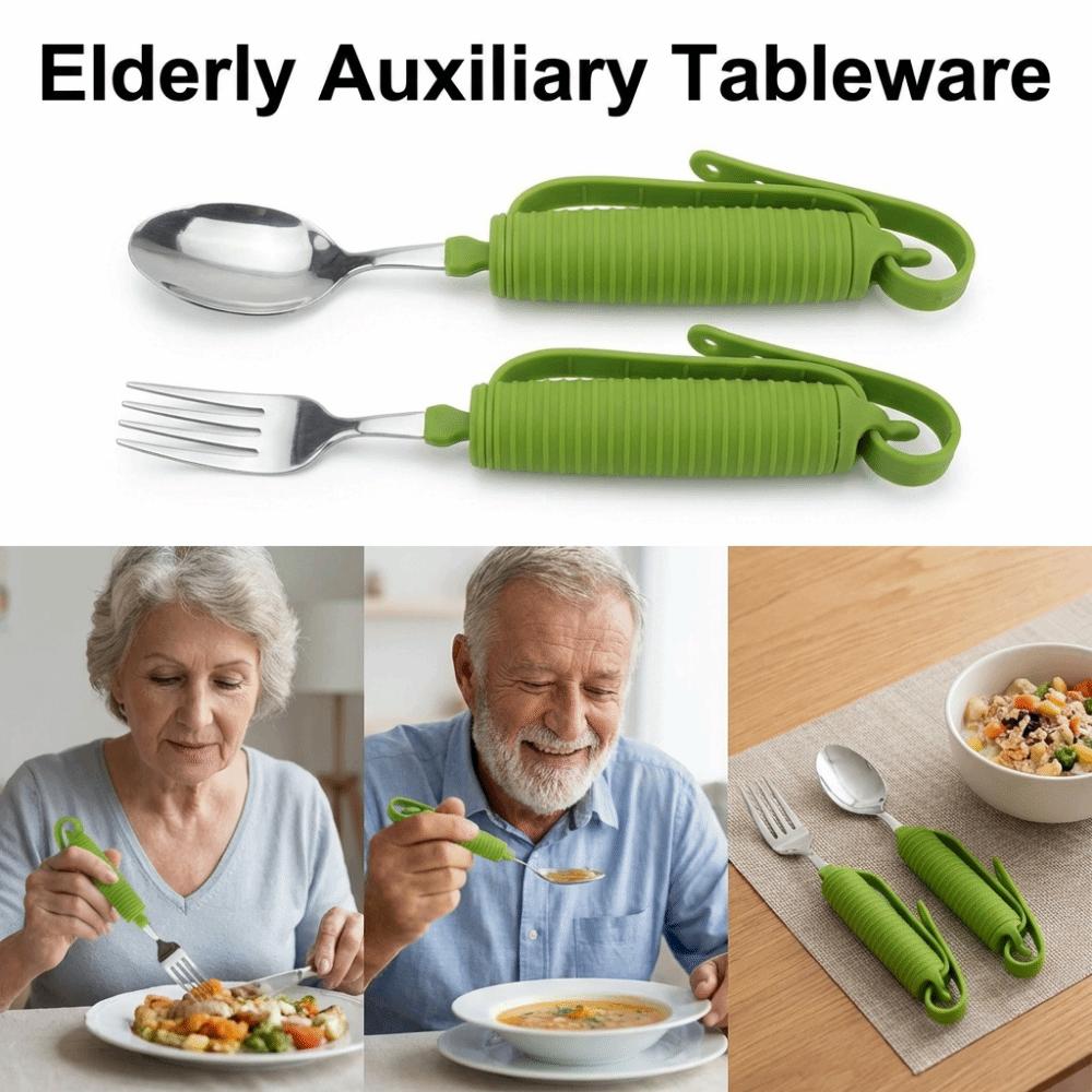 Tragbares Edelstahl-Besteck mit Gabel und Löffel, wackelfrei, Esshilfe, Löffel für Senioren