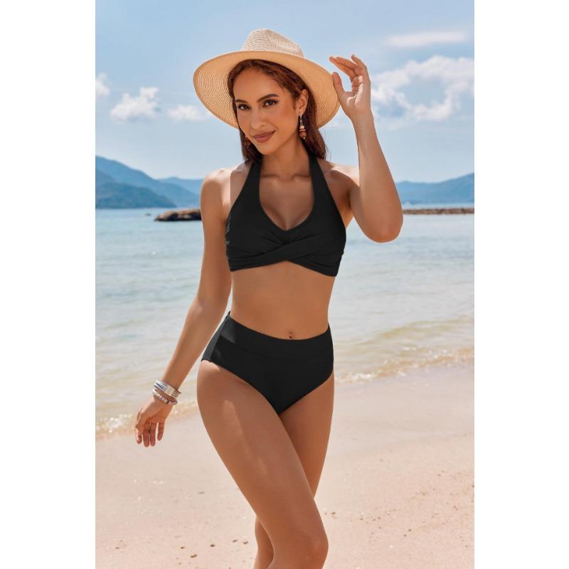 Women's Abstract Print Halter Cross Front High Waisted Two-Piece Bikini Swimsuit