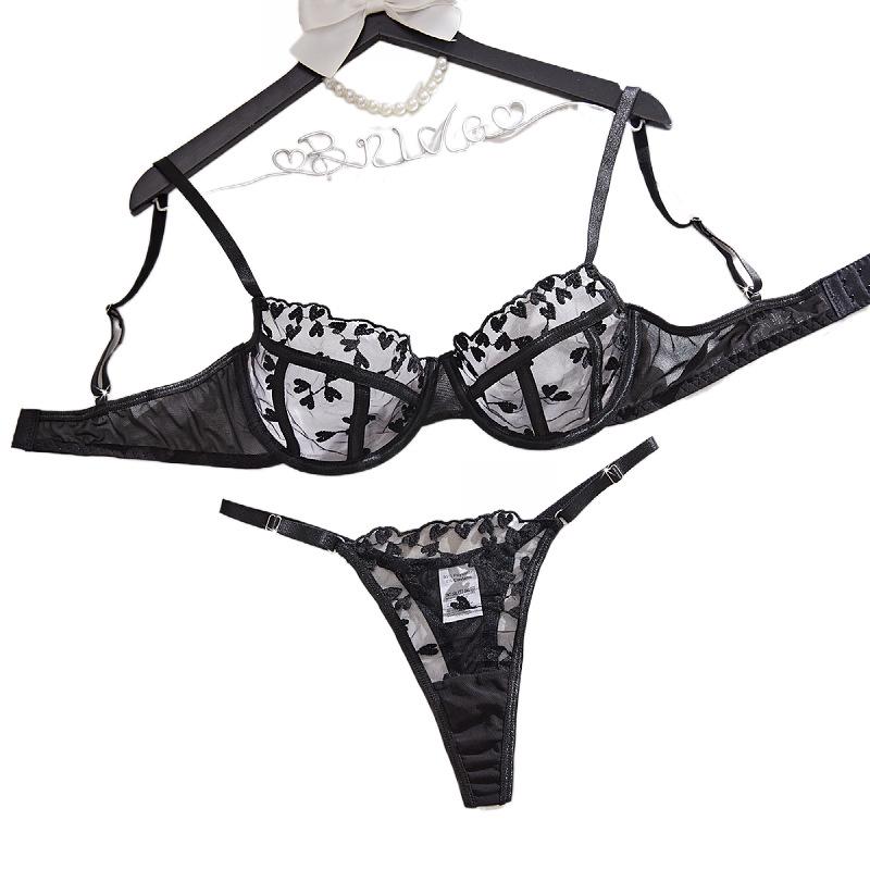 Europäisches & Amerikanisches Herzstickerei Mesh Dessous-Set - Bügel Push-Up, Durchsichtiges Design