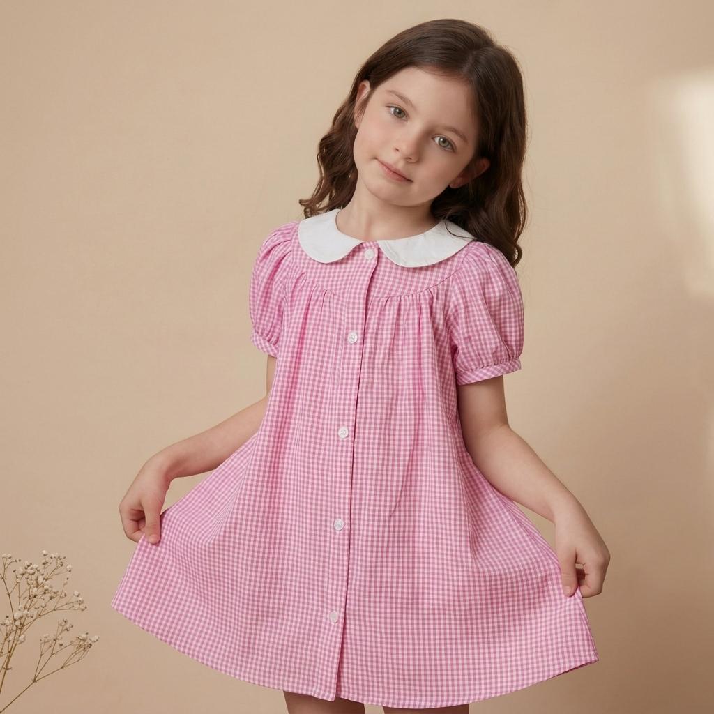 Children'S College-Style Fashionable Plaid Short-Sleeve Woven Cotton Summer Dress