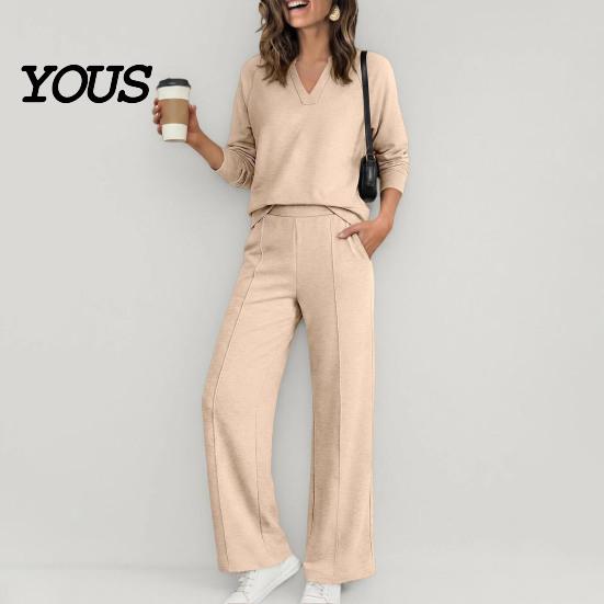 Damen Lässiges Loungewear Sweatshirt Hosen 2-teiliges Set, V-Ausschnitt Langarm Oberteil & Weiter V-Ausschnitt Pullover Sets Hosen mit Elastischem Bund, Einfarbig