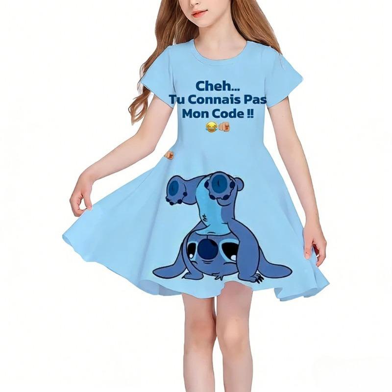 Summer New Hot Sale Printed Stitch Girls Dress Short Sleeve Clothing Princess