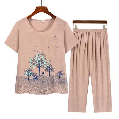 Grandma's Summer Short Sleeve Two-Piece Set: Floral Print, Round Neck, Loose Casual Top for Middle-Aged & Elderly Women