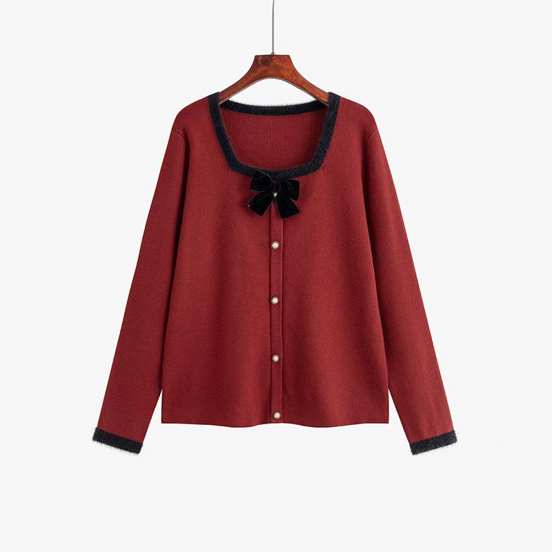 

Женский свободный свитер больших размеров с квадратным бантом на горловине XXXL бордовый