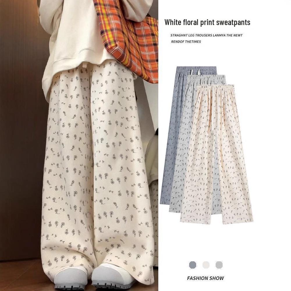 

Women s Floral Spring Wide-Leg Sweatpants: High-Waist, Loose, Casual, Straight-Leg Pants Large