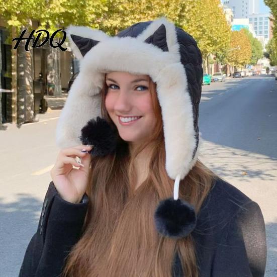 Outdoor Activity Thermal Cap Women Trapper Hat with Ear Flaps Cute Fox Ears Fleece Lined Winter Hat Warm Fuzzy Windproof for Cold Weather Walking