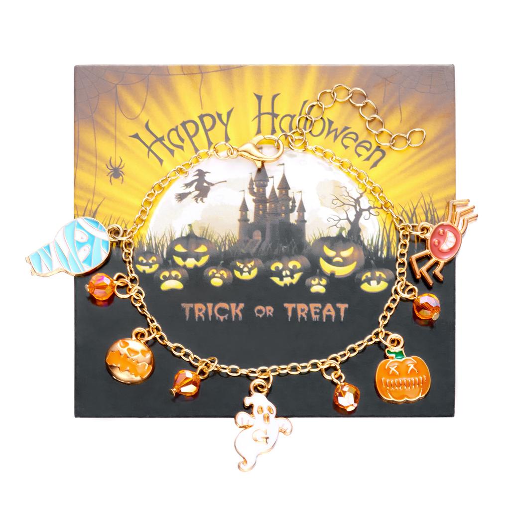 Halloween Ghost Pumpkin Black Cat Metal Chain Bracelet For Women Gold Plated Skeleton Spider Bat Bangles Festival Charm Jewelry