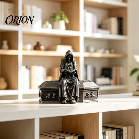 Gothic Home Decor 3D Printed Reading Skeleton Figurine, Hooded Reader Statue, Matte Black Ornaments Spooky Desktop Ornament for Office Bookshelf