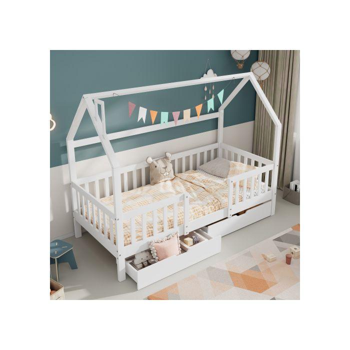 Lit d'enfant Deux tiroirs de rangement Sommier à lattes robuste Lit d'enfant Pine Maison, 90 x 200 cm, sans matelas, blanc
