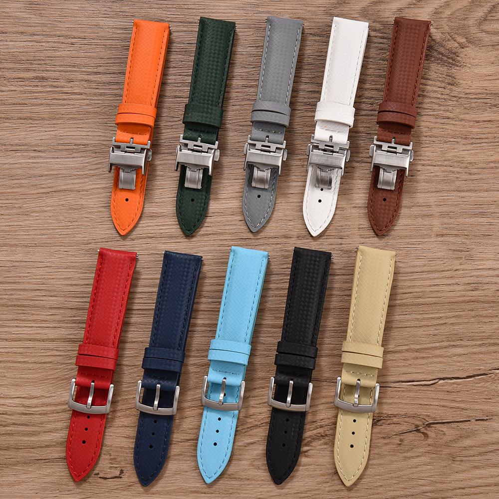 STAPELP 18mm 19mm 20mm 22mm Sailcloth Strap FKM TOP+Leather Base Tropical Texture Rubber Watch Bands Quick Release Pin Buckle