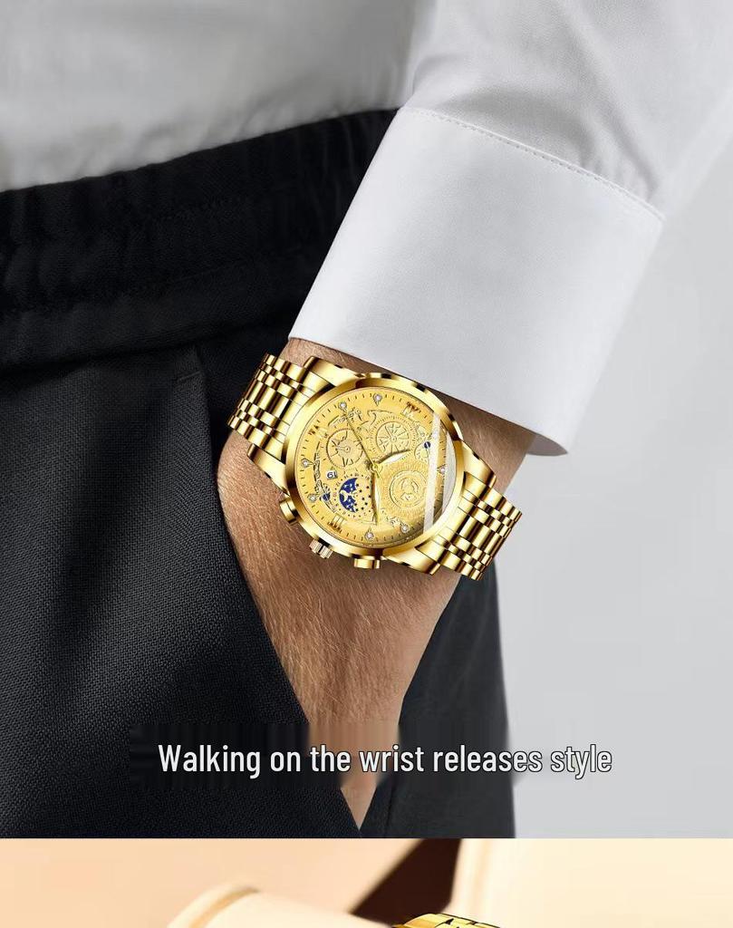Tycoon Gold Men's Waterproof Diamond-Set Luminous Date Watch