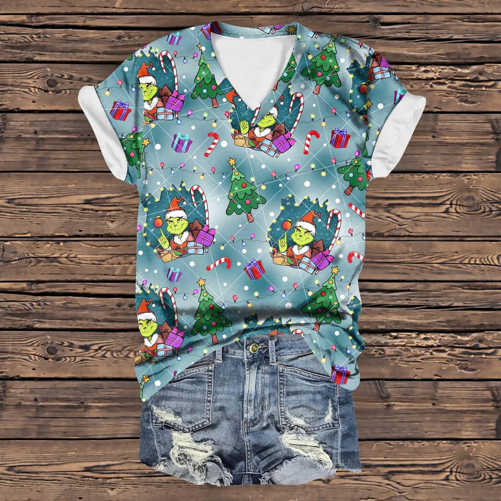 

Рубашки с коротким рукавом для женщин с рождественским принтом, графические футболки, блузки, повседневные базовые топы, пуловеры M синий