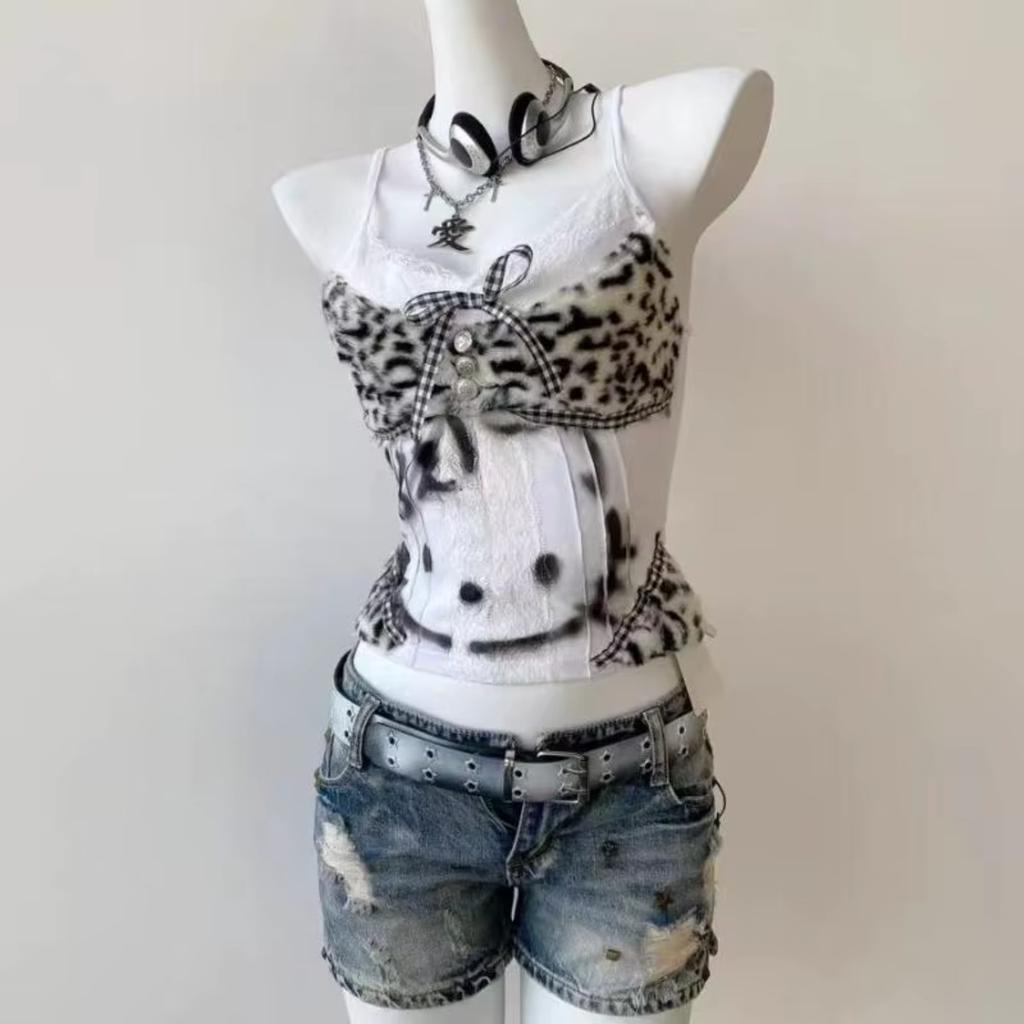 Women's Vintage Y2K Halter Tank Tops Sexy Streetwear Subculture Leopard Patchwork Kawaii Vest Women's Lace