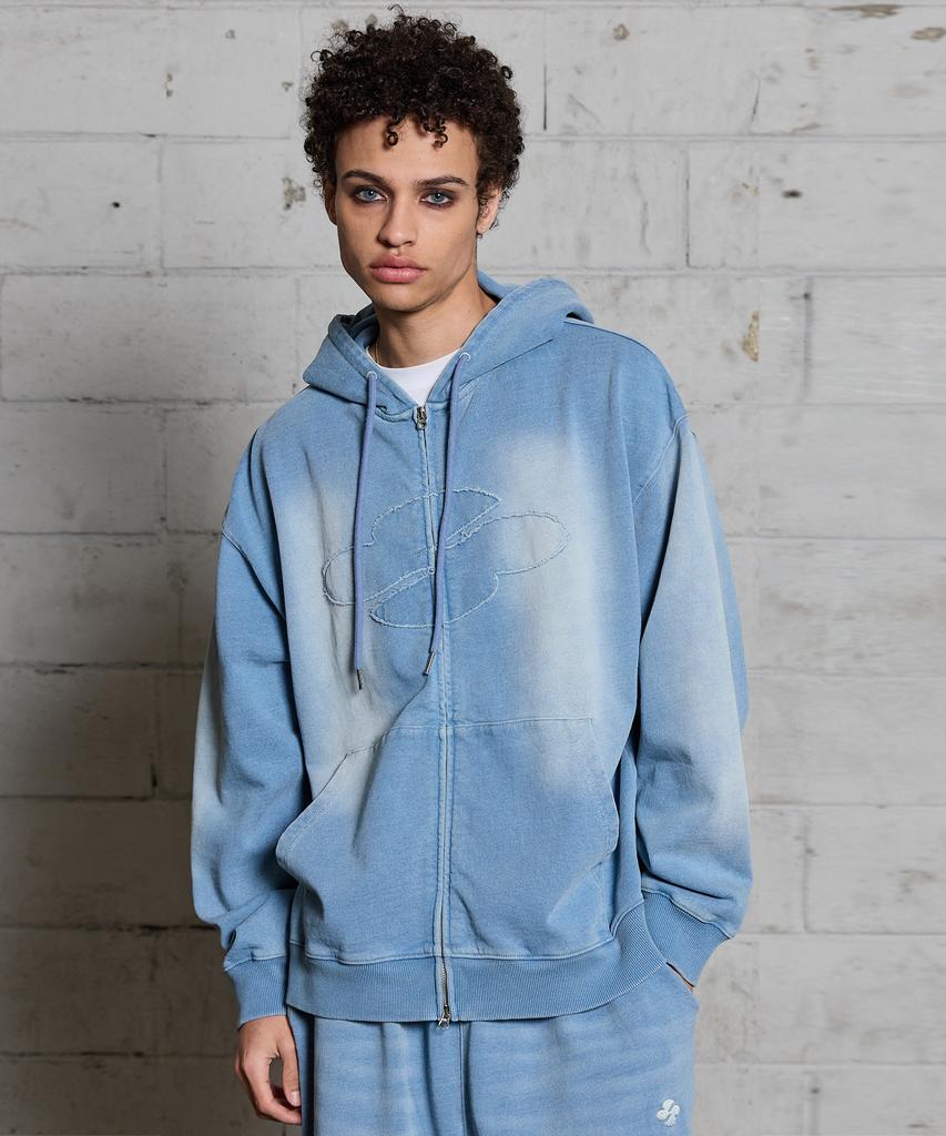 Hoodhood Clover Logo Applique Washed Denim Zip-Up Hoodie Light Blue