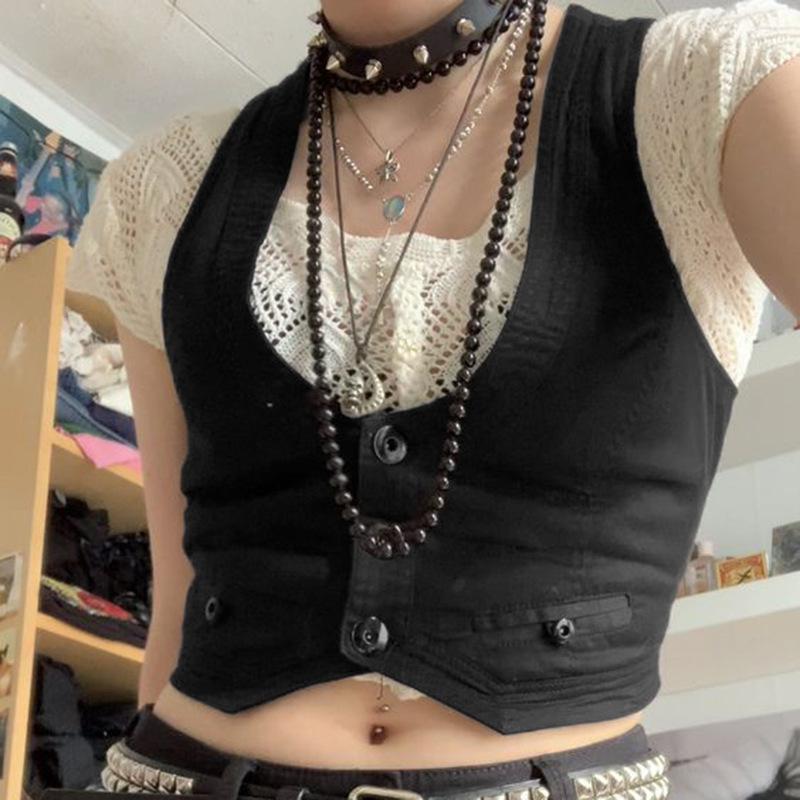 Gothic Fashion vintage Jacket Vest Solid Aesthetic Vintage Slim Button Streetwear Chic Vest Tops Sleeveless Casual Tanks Cropped