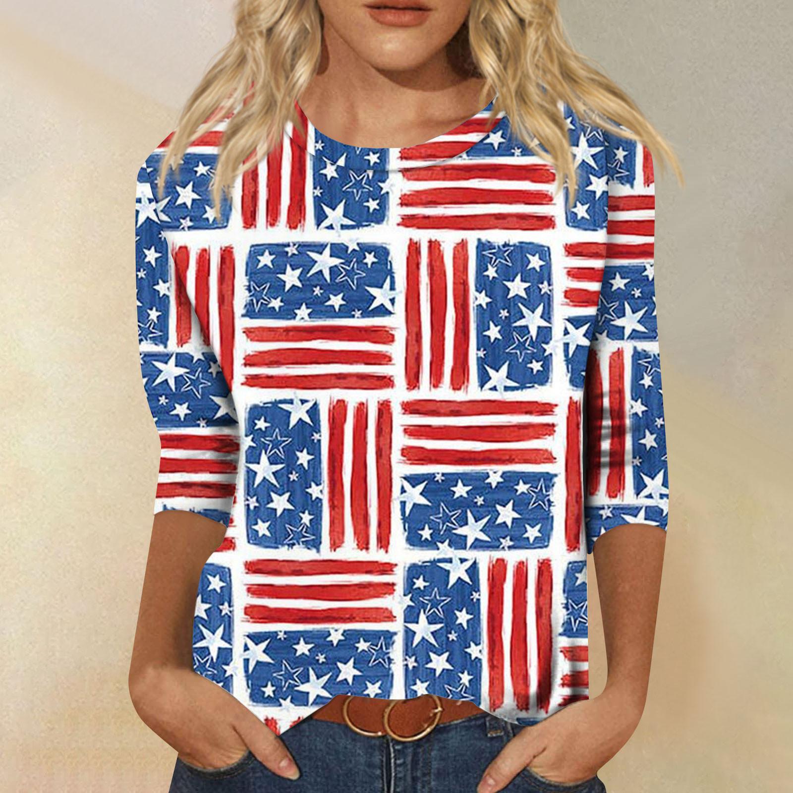 

Женская мода повседневный топ с круглым вырезом и принтом на День независимости с семью рукавами L синий