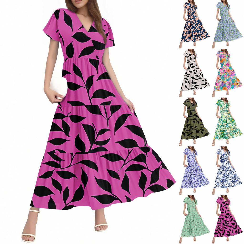 Ladies Summer Casual Fashion V-Neck Ruffle Sleeve Floral Print Midi Dress