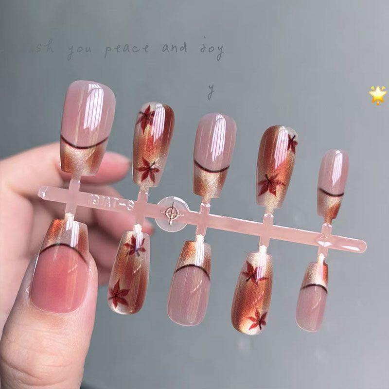 10 Pcs Brown Maple Leaf Square Press On Nails Reusable Full Cover Fake Nail Tips Simple Art Design