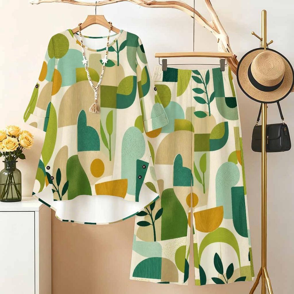 Women Plus Size Round Neck Three Quarter Sleeve Geometric Printed High Low Top And Long Pants Two Piece Set