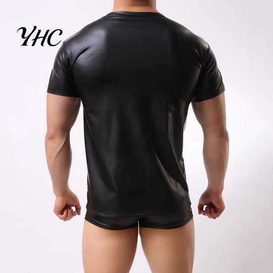 Men Sexy T-shirt Short Sleeve Elastic Faux Night Club Tops Leather Undershirt Muscle for Party