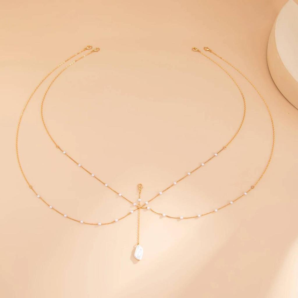 SHIXIN Aesthetic Multilayer Imitation Pearl Chest Chain Belly Waist Chain For Women Boho Summer Beach Sexy Bikini Body Jewelry