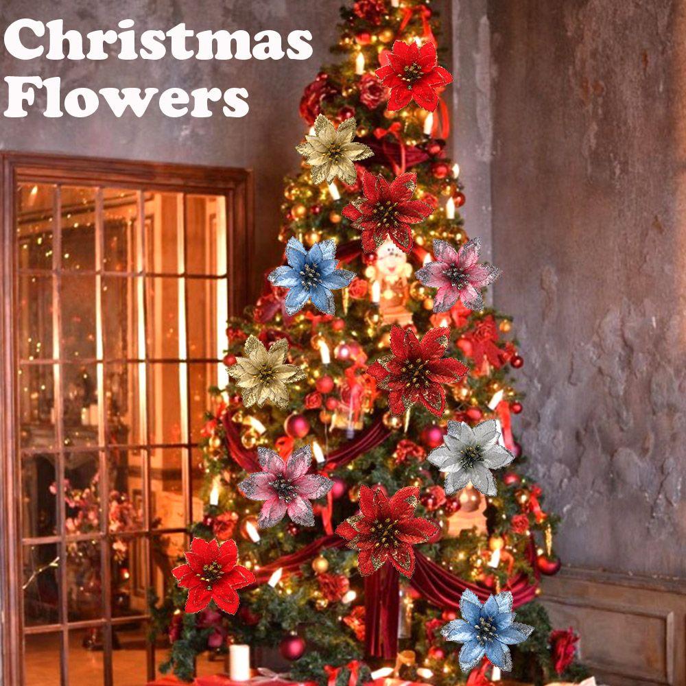 Glitter Artifical Christmas Flowers Christmas Tree Decorations Fake Flowers Home Xmas Ornaments