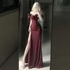 Niche Red Temperament One-word Shoulder Dress Host Evening Dress Women's New High-end